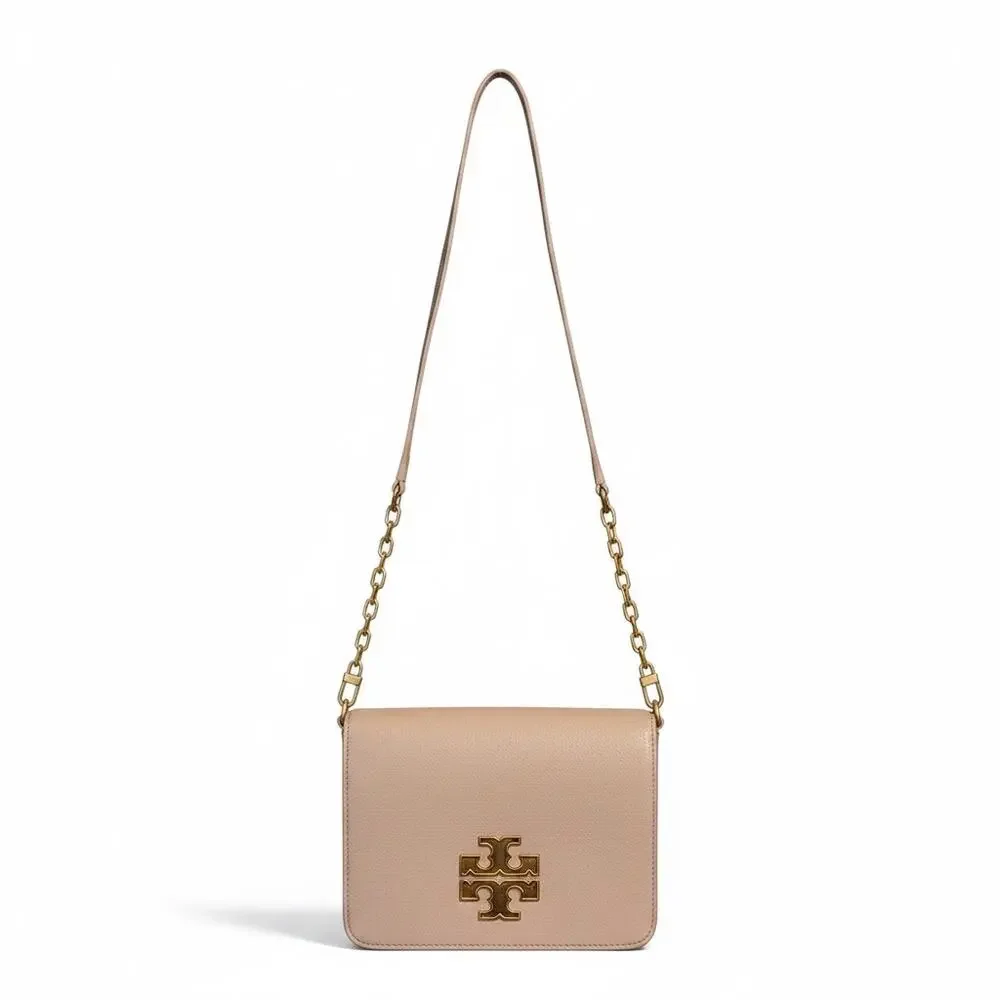Tory Burch Britten Combo Crossbody Bag Pebbled Leather Chain Purse Gold Logo